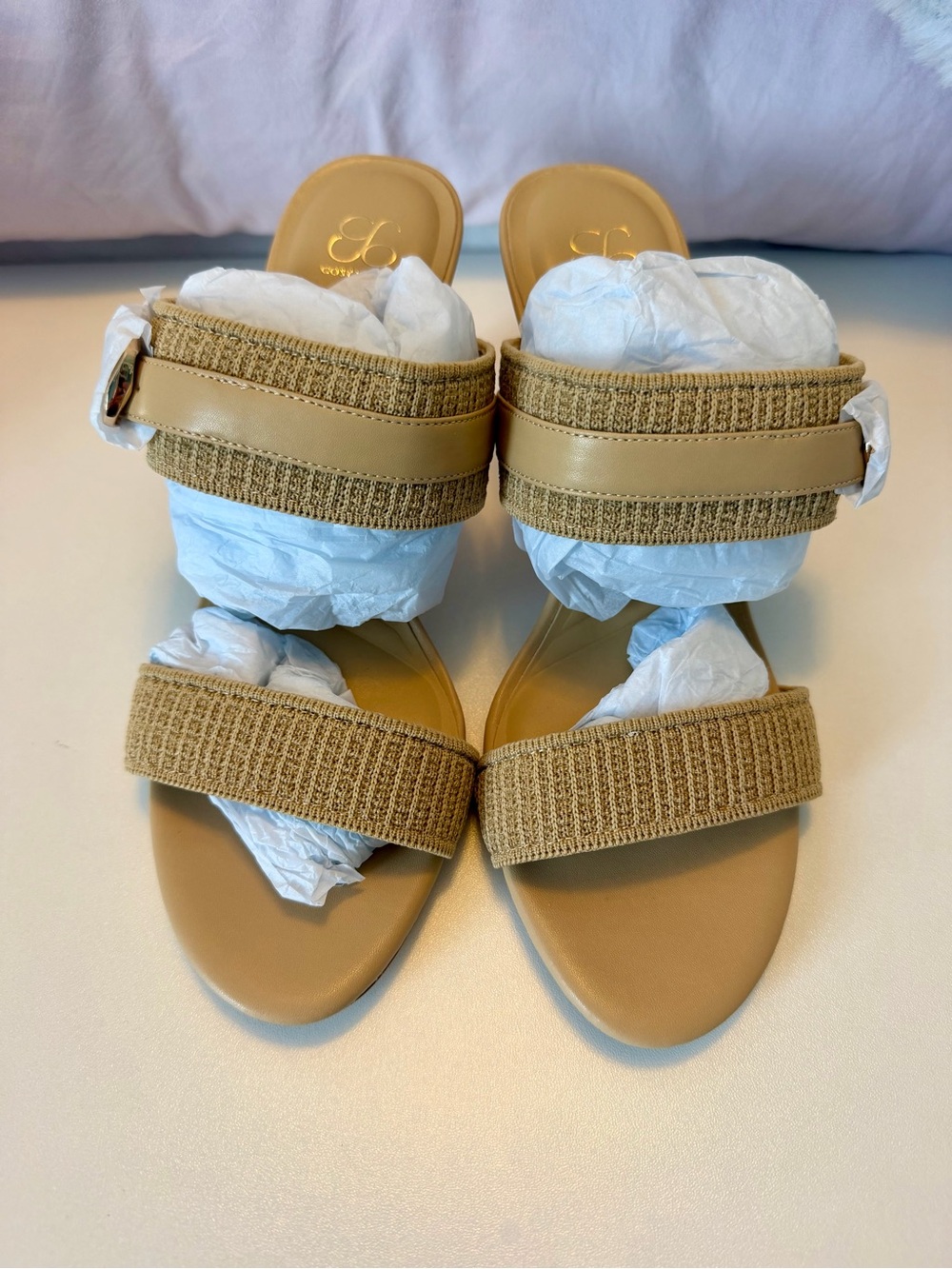 NWT Cosy Island Tan Woven Buckle Strap High Heel Stiletto Sandal - Picture 2 of 10